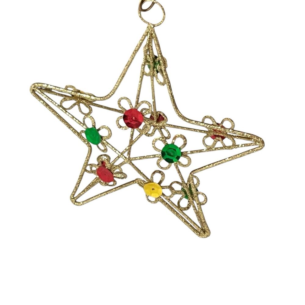 Vintage 3D 4" Gold Glitter Star Christmas Ornament Wire Outline Sequins Topper